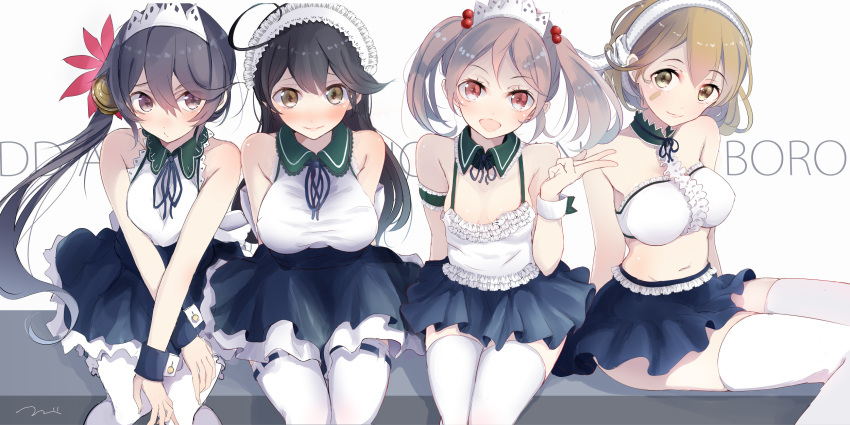 4girls ahoge akebono_(kantai_collection) alternate_costume apron bandaid bandaid_on_face bell black_hair breasts enmaided flower frills hair_bell hair_bobbles hair_flower hair_ornament highres jingle_bell kantai_collection large_breasts long_hair loose_shirt maid maid_headdress multiple_girls oboro_(kantai_collection) pink_eyes pink_hair purple_hair sazanami_(kantai_collection) shirt short_hair side_ponytail sitting small_breasts tebi_(tbd11) thigh-highs twintails ushio_(kantai_collection) very_long_hair violet_eyes wrist_cuffs zettai_ryouiki