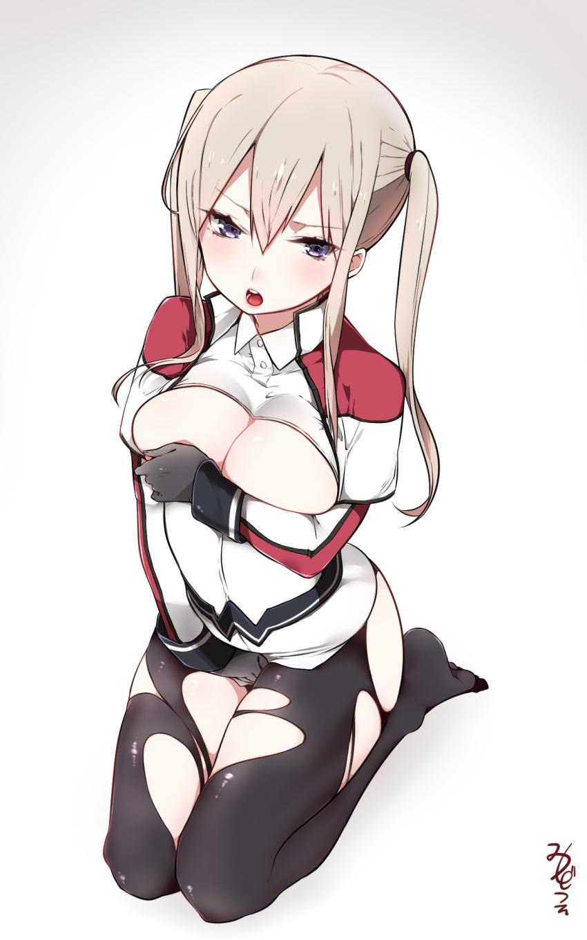 1girl bangs black_legwear blonde_hair blue_eyes blush breasts breasts_outside capelet cleavage covering covering_breasts covering_crotch from_above gloves graf_zeppelin_(kantai_collection) hair_between_eyes highres kantai_collection large_breasts long_hair miniskirt mitsudoue open_mouth pantyhose seiza sidelocks sitting skirt solo torn_clothes torn_pantyhose tsurime twintails uniform