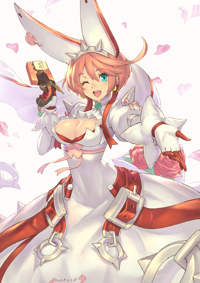 1girl ;d bangs belt blue_eyes blush bouquet breasts buckle chain cleavage clover cravat dress earrings elphelt_valentine eyebrows eyebrows_visible_through_hair flower four-leaf_clover gloves guilty_gear guilty_gear_xrd gun hair_between_eyes hairband hand_up hat highres holding holding_gun holding_weapon jewelry large_breasts long_sleeves nadare-san_(nadare3nwm) one_eye_closed open_mouth outstretched_arm palms petals pink_hair puffy_sleeves reaching red_flower red_rose ring rose short_hair smile solo spikes trigger_discipline veil weapon white_background