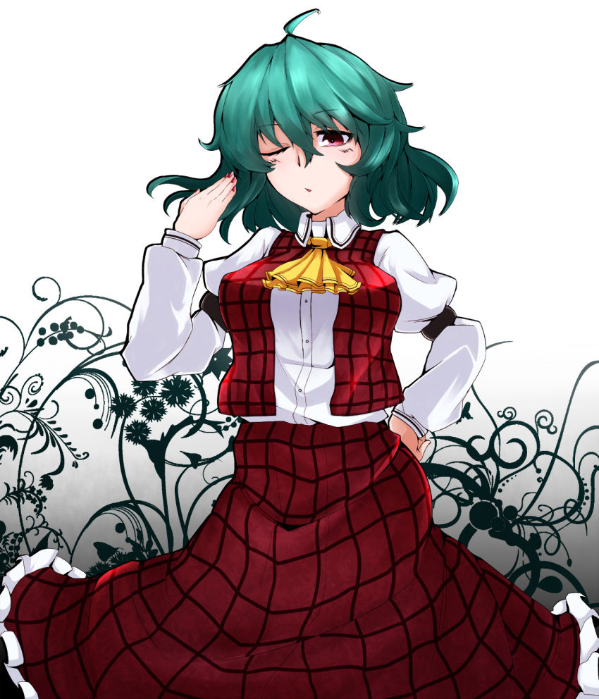 1girl breasts green_hair highres kazami_yuuka large_breasts long_sleeves open_clothes open_vest red_eyes red_skirt rihito_(usazukin) skirt skirt_set solo touhou vest