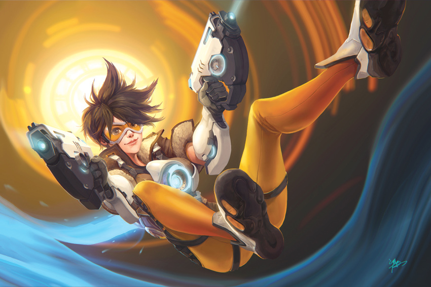 1girl abstract_background aiming_at_viewer bodysuit bomber_jacket breasts brown_eyes brown_hair dual_wielding finger_on_trigger full_body goggles gun handgun highres jacket koloromuj lips looking_at_viewer messy_hair nose overwatch science_fiction short_hair signature smile solo spiky_hair tracer_(overwatch) weapon