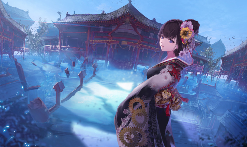 1girl black_hair blue_eyes building commentary_request flower hair_bun hair_flower hair_ornament japanese_clothes jname kimono long_hair long_sleeves looking_at_viewer obi original sash scenery smile solo wide_sleeves