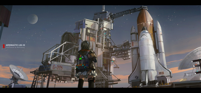 1girl artist_name black_hair black_legwear clouds english from_behind full_moon highres holster letterboxed moon novelance number original outdoors satellite_dish skirt sky solo space_craft space_shuttle standing star_(sky) thigh-highs thigh_holster