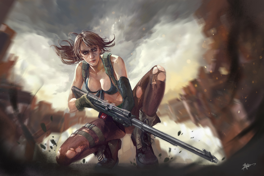 1girl bikini blue_sky boots breasts brown_hair canyon cleavage collarbone front-tie_bikini front-tie_top full_body gloves gun highres koloromuj long_hair looking_at_viewer metal_gear_(series) metal_gear_solid_v navel outdoors pantyhose ponytail quiet_(metal_gear) rifle sky sniper_rifle solo squatting suspenders swimsuit torn_clothes torn_pantyhose weapon
