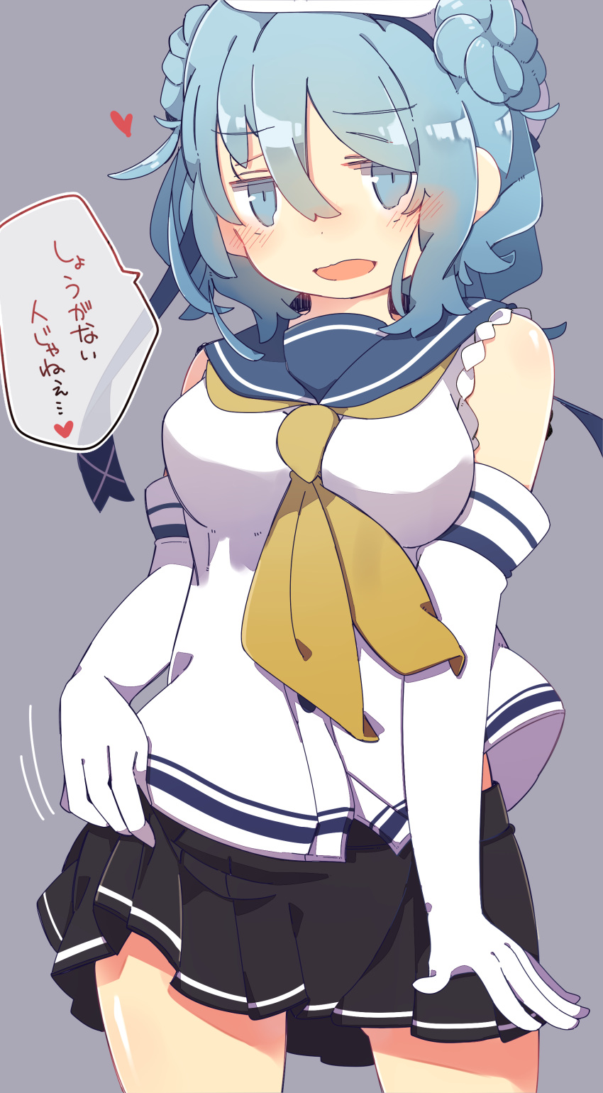 1girl absurdres bangs blue_eyes blue_hair blush breasts commentary_request double_bun elbow_gloves gloves grey_background hair_between_eyes hat heart highres kantai_collection large_breasts looking_at_viewer neckerchief open_mouth pepekekeko pleated_skirt sailor_collar sailor_shirt shiny shiny_skin shirt sidelocks skirt skirt_lift sleeveless sleeveless_shirt smile solo spoken_heart translated upper_body urakaze_(kantai_collection)