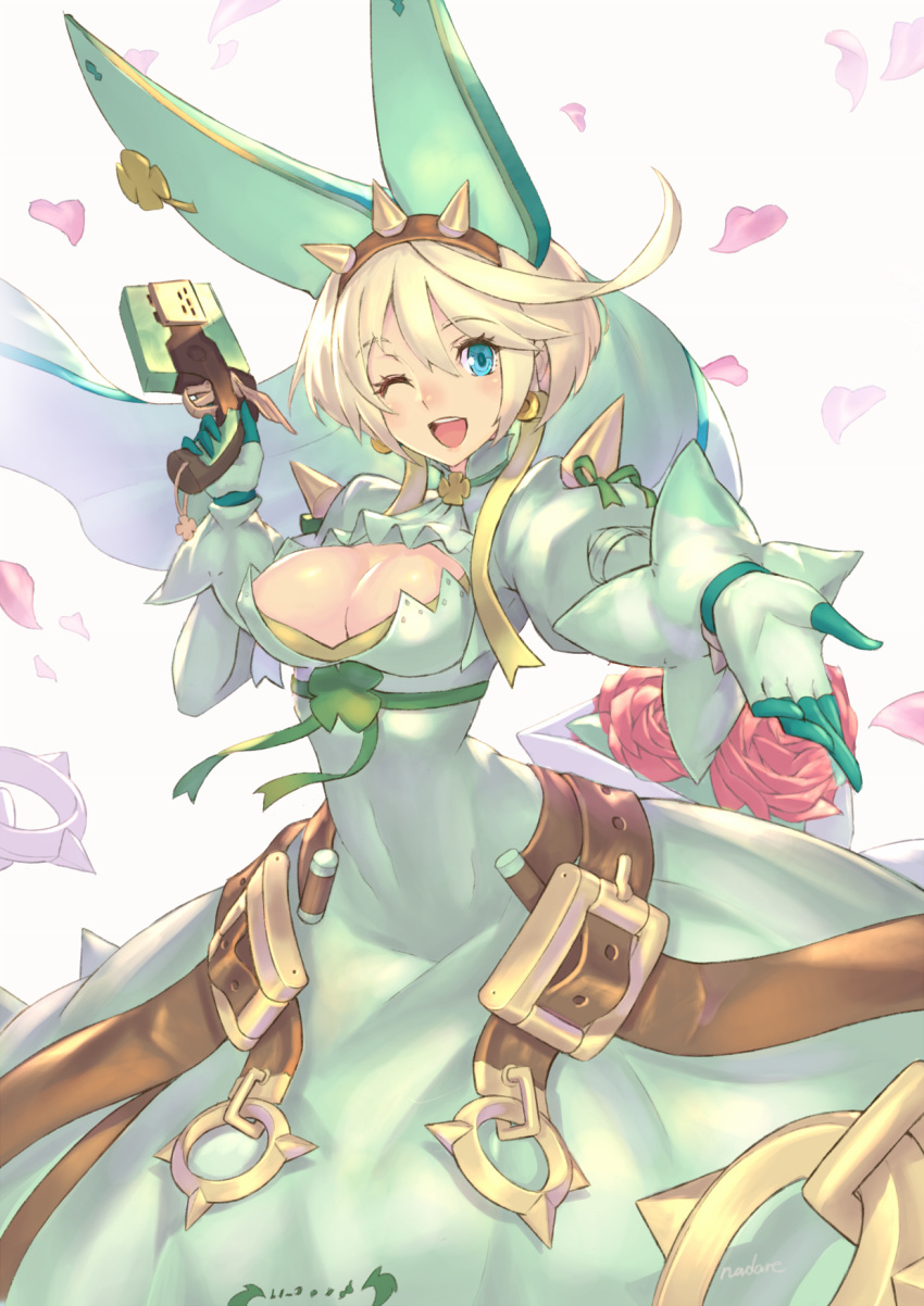 1girl ;d alternate_color alternate_hair_color bangs belt blonde_hair blue_eyes blush bouquet breasts buckle chain cleavage clover cravat dress earrings elphelt_valentine eyebrows eyebrows_visible_through_hair flower four-leaf_clover gloves guilty_gear guilty_gear_xrd gun hair_between_eyes hairband hand_up hat highres holding holding_gun holding_weapon jewelry large_breasts long_sleeves nadare-san_(nadare3nwm) one_eye_closed open_mouth outstretched_arm palms petals puffy_sleeves reaching red_flower red_rose ring rose short_hair smile solo spikes trigger_discipline veil weapon white_background