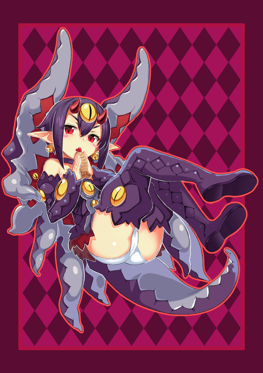 1girl absurdres bell bell_earrings blush_stickers boots choker desco_(disgaea) detached_sleeves disgaea earrings eating fang food highres horns jewelry jingle_bell kikimi looking_at_viewer makai_senki_disgaea_4 monster_girl oni_horns open_mouth panties pointy_ears purple_hair red_eyes solo taiyaki thigh-highs thigh_boots underwear wagashi white_panties