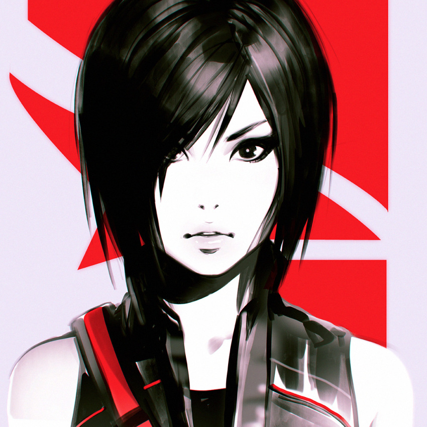 1girl bangs bare_shoulders black_eyes black_hair facial_tattoo faith_connors hair_over_one_eye ilya_kuvshinov lips looking_at_viewer mirror's_edge mirror's_edge_catalyst monochrome parted_lips portrait short_hair solo spot_color tattoo vest