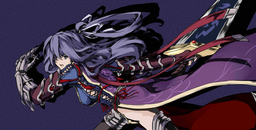 1girl absurdres action ao_no_kiseki armor artist_request black_legwear blue_gloves boots cowboy_shot dress eiyuu_densetsu fingerless_gloves gauntlets gloves hair_ribbon highres holding holding_sword holding_weapon huge_weapon jpeg_artifacts long_hair no_panties one_side_up purple_hair ribbon rixia_mao side_slit simple_background solo sword thigh-highs two-handed_sword violet_eyes warrior weapon white_background