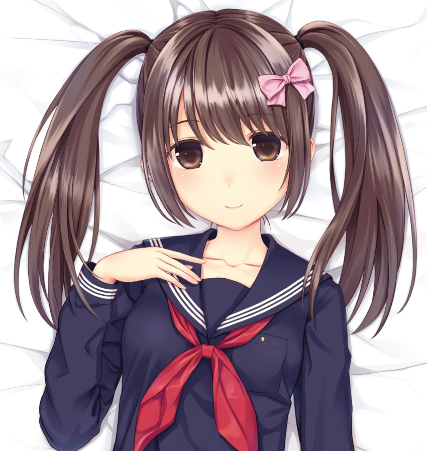 1girl brown_eyes brown_hair close-up dakimakura hair_ribbon highres long_hair long_sleeves looking_at_viewer lying n.g. neckerchief on_back original ribbon school_uniform serafuku shirt smile solo twintails upper_body