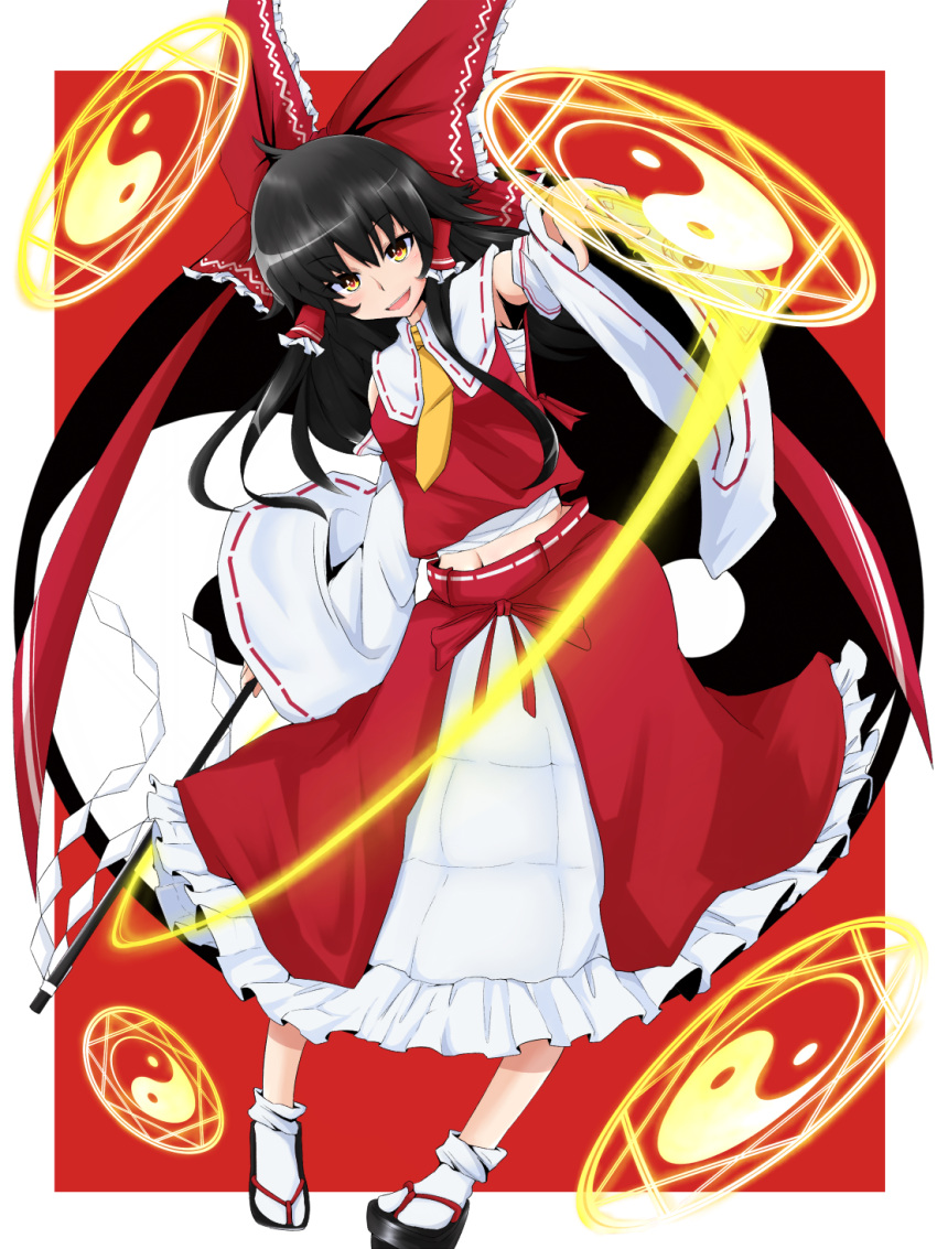 1girl :d ascot bare_shoulders black_hair blush bobby_socks bow commentary_request detached_sleeves foreshortening gohei hair_bow hair_tubes hakurei_reimu highres japanese_clothes long_hair long_sleeves looking_at_viewer miko navel open_mouth red_bow red_skirt ribbon-trimmed_sleeves ribbon_trim rihito_(usazukin) sarashi sidelocks skirt skirt_set smile socks solo touhou white_legwear wide_sleeves yellow_eyes yin_yang