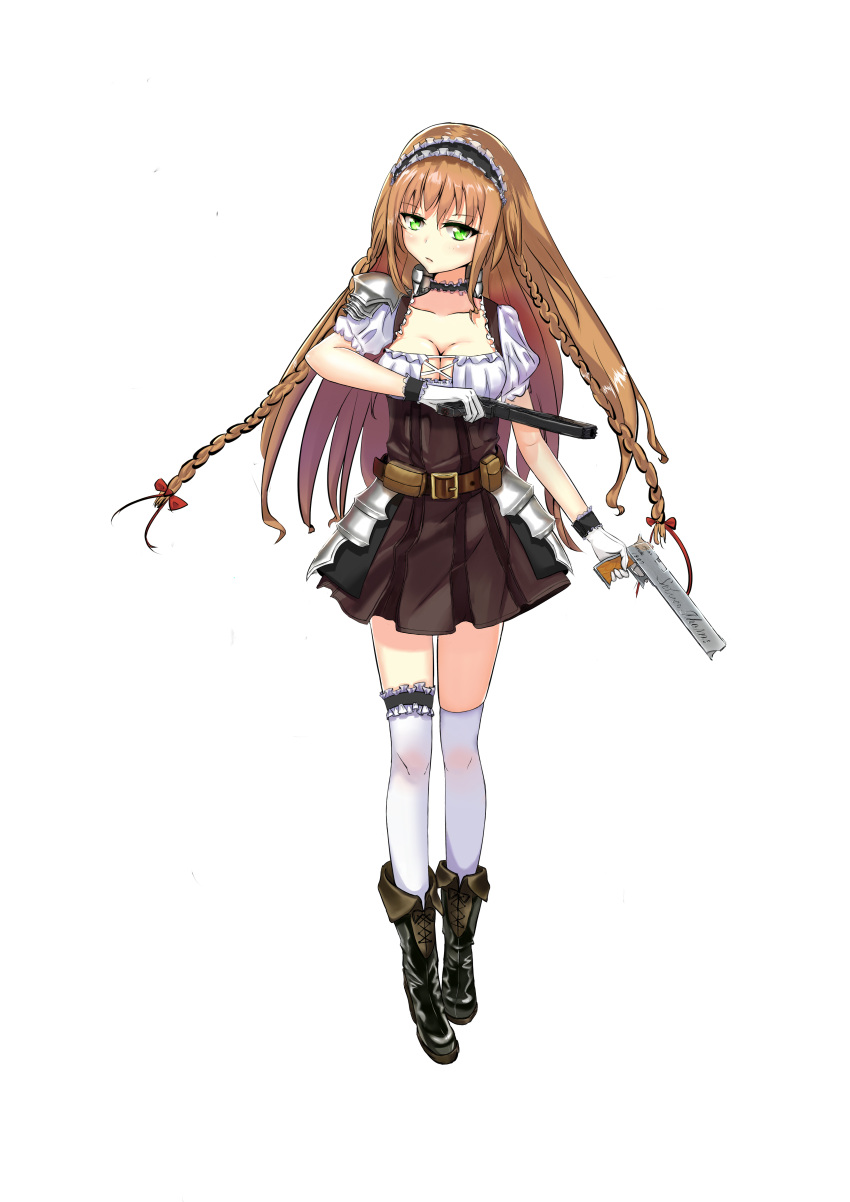 1girl absurdres armor armored_dress belt_pouch bow braid breasts brown_hair choker dot_nose dual_wielding fia finger_on_trigger full_body gloves green_eyes gun hair_bow hair_ornament highres impossible_clothes large_breasts long_hair looking_at_viewer maid_headdress original puffy_short_sleeves puffy_sleeves short_sleeves shoulder_armor simple_background solo thigh-highs trigger_discipline twin_braids weapon white_background white_legwear wristband zettai_ryouiki