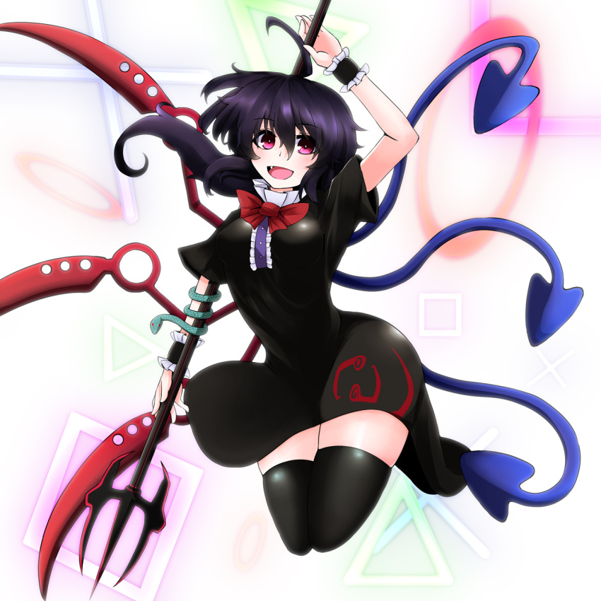 1girl :d ahoge asymmetrical_wings bent_knees black_dress black_hair black_legwear blush bow bowtie commentary_request dress fang full_body highres houjuu_nue long_hair looking_at_viewer open_mouth polearm red_bow red_bowtie red_eyes rihito_(usazukin) short_dress smile snake solo thigh-highs touhou trident weapon wings zettai_ryouiki