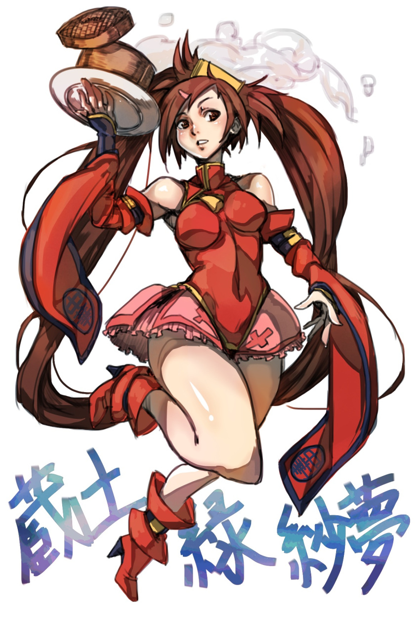 1girl ankle_boots bare_shoulders basket boots breasts brown_eyes brown_hair china_dress chinese_clothes detached_sleeves dress full_body guilty_gear hair_ornament hair_ring hair_tubes hairclip highres impossible_clothes impossible_dress kuma_(jk0073) kuradoberi_jam long_hair solo tray twintails very_long_hair waitress wide_sleeves