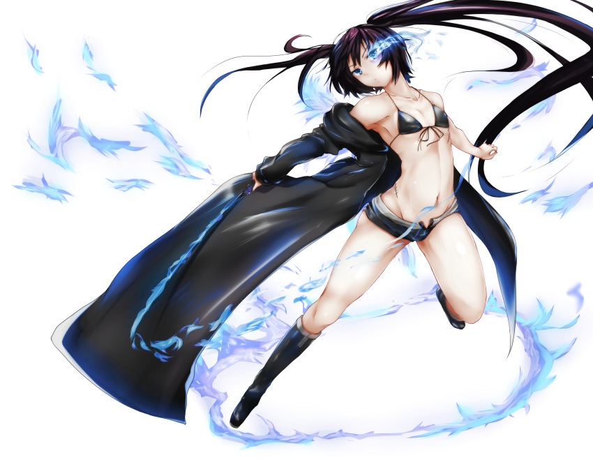 1girl absurdres armpits bare_shoulders bikini black_bikini black_bikini_top black_boots black_hair black_jacket black_rock_shooter black_rock_shooter_(character) black_shorts blue_eyes book boots flaming_sword flat_chest full_body glowing glowing_eye highres holding holding_book jacket jacket_off_shoulders knee_boots long_hair off_shoulder open_clothes open_fly open_jacket scar short_shorts shorts simple_background solo swimsuit tatsuya_ishikawa twintails very_long_hair white_background