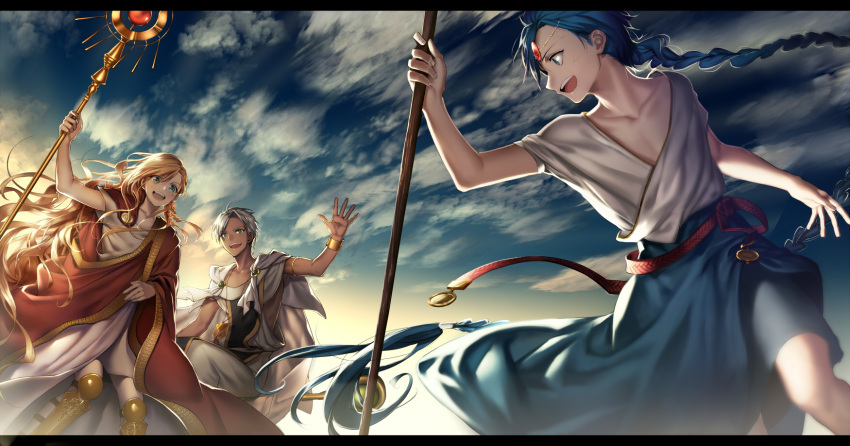 3boys :d ahoge aladdin_(magi) amulet armlet armor armored_boots ashita_(sooott) backlighting bangs bare_arms blonde_hair blue_eyes blue_hair blue_sky blush boots bracelet braid cape circlet cloak clouds cloudy_sky collarbone dark_skin earrings eyebrows eyebrows_visible_through_hair floating_hair fringe grey_hair hair_between_eyes hair_ornament hand_up highres holding_staff jewelry knee_boots letterboxed long_hair looking_at_another looking_back magi_the_labyrinth_of_magic male_focus mole mole_under_eye multiple_boys necklace older open_mouth outdoors red_cloak riding sash short_sleeves sidesaddle single_braid sitting sky smile sphintus_carmen staff teeth titus_alexius very_long_hair wavy_hair white_hair