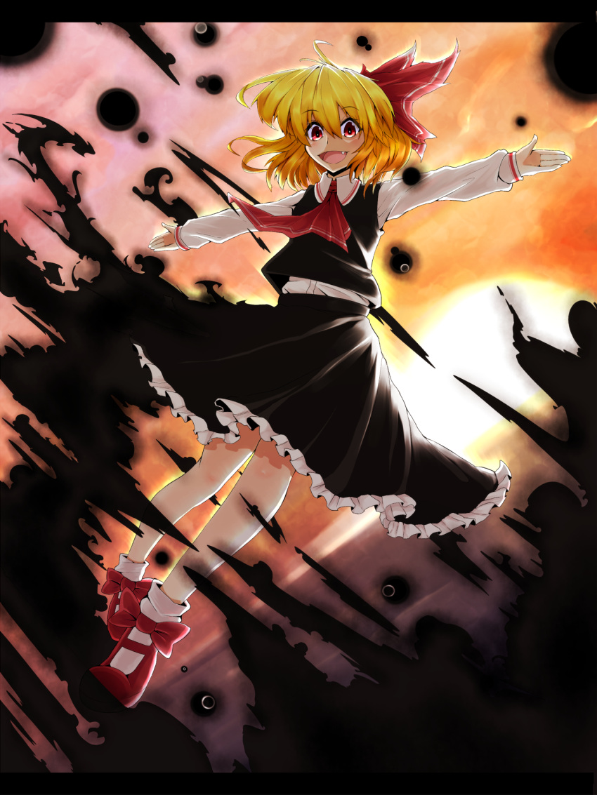 1girl :d ascot backlighting black_skirt black_vest blonde_hair bobby_socks commentary_request darkness fang frilled_skirt frills hair_ribbon highres long_sleeves looking_at_viewer mary_janes open_mouth outstretched_arms puffy_long_sleeves puffy_sleeves red_eyes red_ribbon red_shoes ribbon rihito_(usazukin) rumia shirt shoes short_hair skirt skirt_set smile socks solo spread_arms sunset touhou white_legwear white_shirt wing_collar