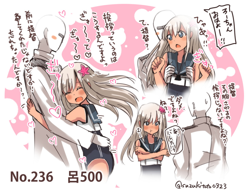 1boy 1girl :d :t ^_^ admiral_(kantai_collection) bangs blue_eyes blush blush_stickers breast_grab character_name closed_eyes closed_mouth commentary_request covering covering_chest epaulettes eyebrows eyebrows_visible_through_hair flower from_side frown grabbing hair_flower hair_ornament heart hug kantai_collection long_sleeves looking_at_another military military_uniform motion_lines naval_uniform number one-piece_swimsuit open_mouth pout ro-500_(kantai_collection) sailor_collar school_swimsuit sleeveless smile speech_bubble suzuki_toto sweatdrop swimsuit tan tanline translation_request twitter_username uniform white_hair