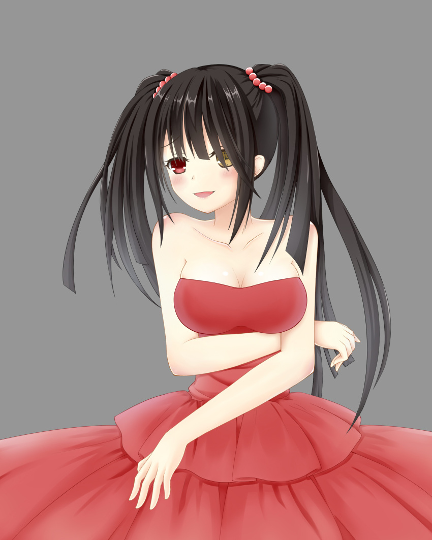 1girl absurdres artist_request black_hair blush breast_lift breasts cleavage clock_eyes date_a_live grey_background highres large_breasts red_eyes solo symbol-shaped_pupils tokisaki_kurumi twintails