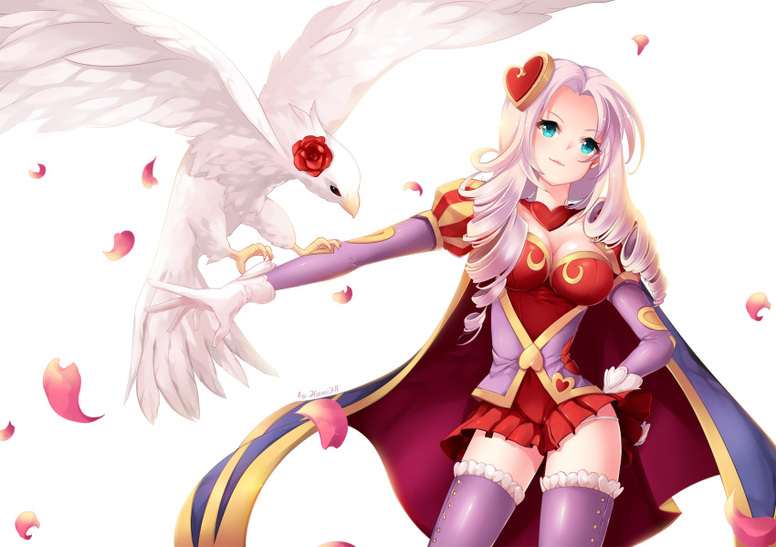 1girl ashe_(league_of_legends) bangs bird bird_on_arm breasts cape cowboy_shot curly_hair flower gloves hair_ornament hamifr hand_on_hip heart heart_hair_ornament heartseeker_ashe highres league_of_legends long_hair long_sleeves looking_up miniskirt panties parted_bangs petals rose rose_petals simple_background skirt smile smirk solo thigh-highs underwear white_background white_gloves white_hair zettai_ryouiki