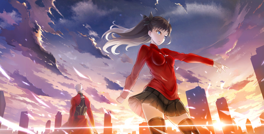 1boy 1girl archer black_hair black_legwear blue_eyes clouds contrapposto fate/stay_night fate_(series) highres kyokucho long_hair long_sleeves outstretched_arm pleated_skirt silver_hair skirt sky sunset sweater thigh-highs thighs toosaka_rin two_side_up wind wind_lift zettai_ryouiki