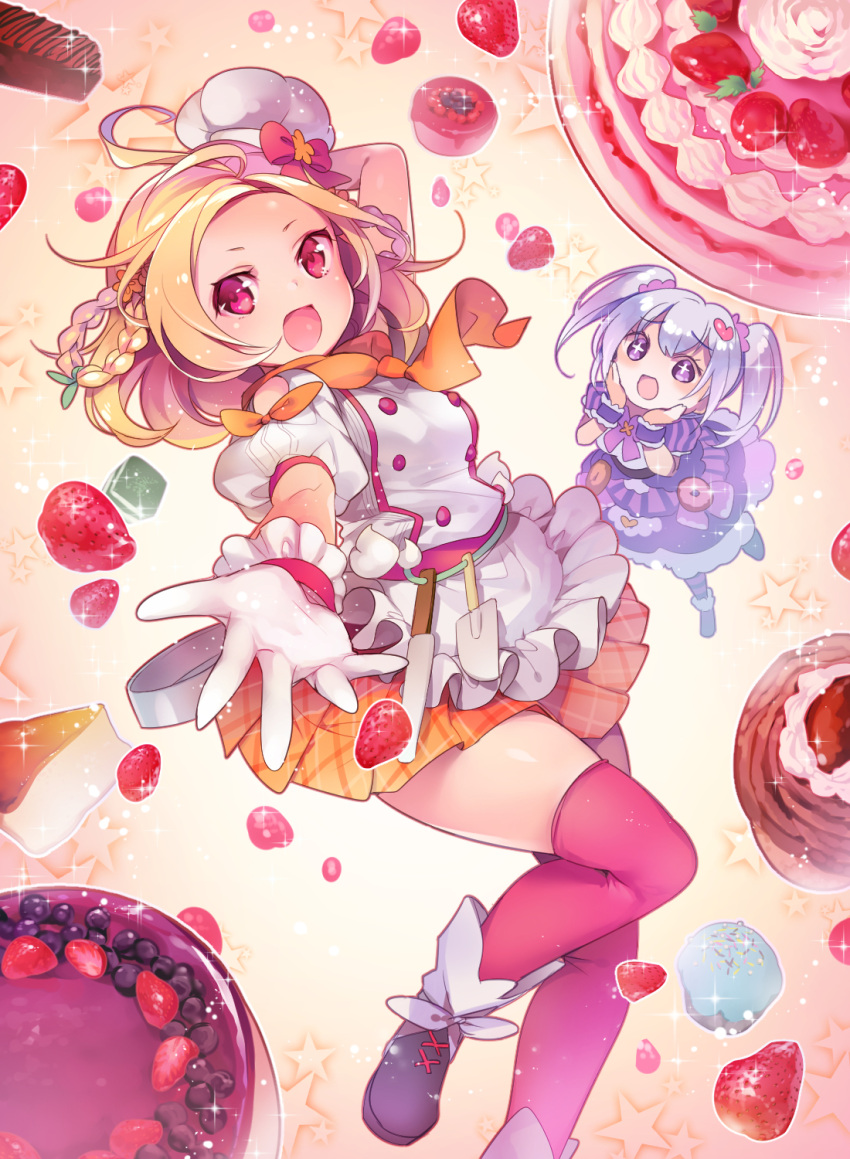 +_+ 2girls :d apron black_shoes blonde_hair blueberry bow cake cheesecake chef_hat cupcake dress flower_knight_girl food food_themed_background fruit gloves hands_on_own_face hat hat_bow highres iberis_(flower_knight_girl) looking_at_viewer mg_kurino multiple_girls open_mouth orange_scarf orange_skirt outstretched_hand plaid plaid_skirt pleated_skirt puffy_sleeves purple_dress red_bow red_eyes red_legwear scarf shoes short_hair silver_hair skirt smile spatula star strawberry thigh-highs twintails violet_eyes whipped_cream white_gloves yadorigi_(flower_knight_girl)