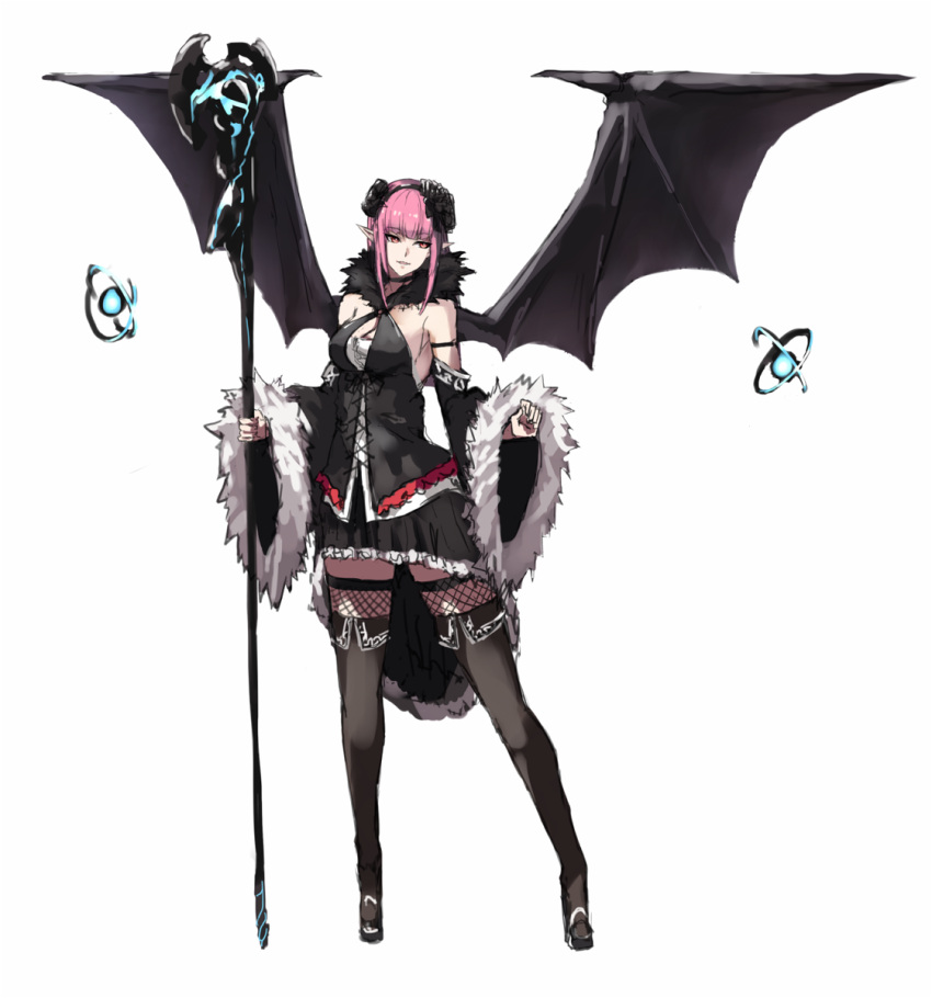 1girl bangs bare_shoulders boots demon_girl demon_wings hair_ornament high_heels highres looking_to_the_side miniskirt orange_eyes original pink_hair pointy_ears skirt solo staff thigh-highs thigh_boots wide_sleeves wings yashiro_(silver_will)