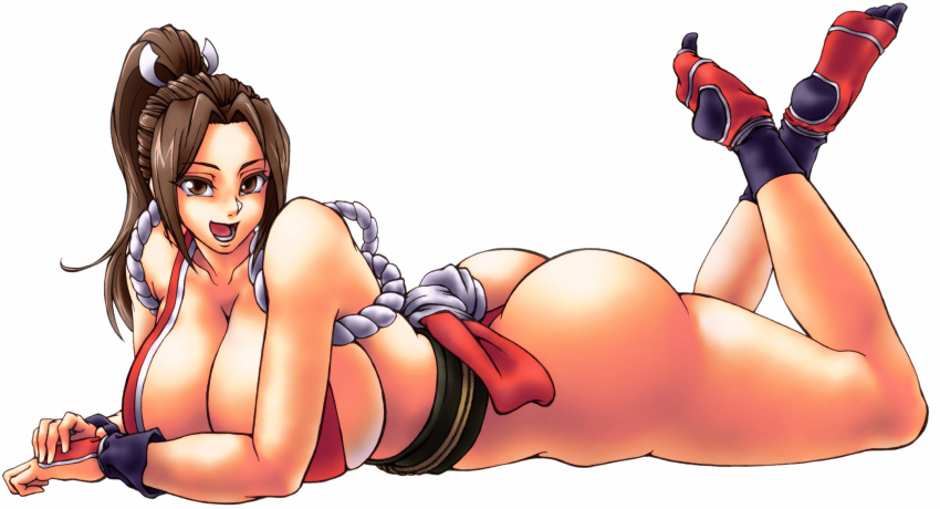 1girl ass bare_shoulders breasts brown_eyes brown_hair cleavage fatal_fury highres large_breasts long_hair looking_at_viewer lying on_stomach ponytail shiranui_mai simple_background smile solo the_king_of_fighters thighs white_background wrato