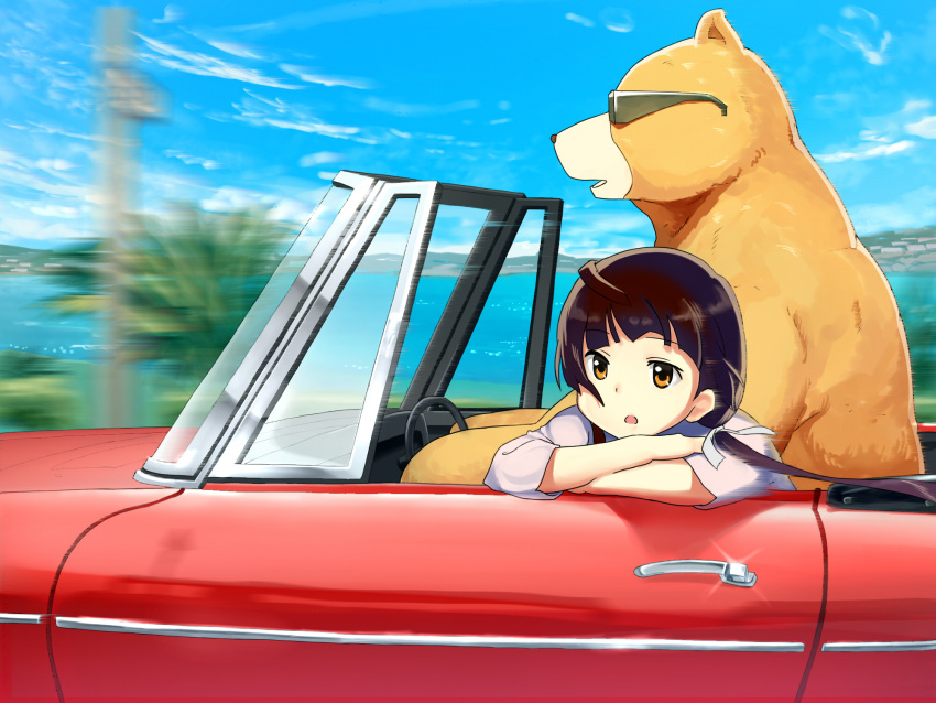 1girl amayadori_machi animal bangs bear black_hair blue_sky bored brown_eyes brown_hair car commentary_request driving floating_hair from_side glint ground_vehicle hair_ribbon highres kumai_natsu kumamiko long_hair low_twintails motion_blur motor_vehicle mountain ocean outdoors profile ribbon road_sign sign sky sunglasses tomitayaki tree twintails wind