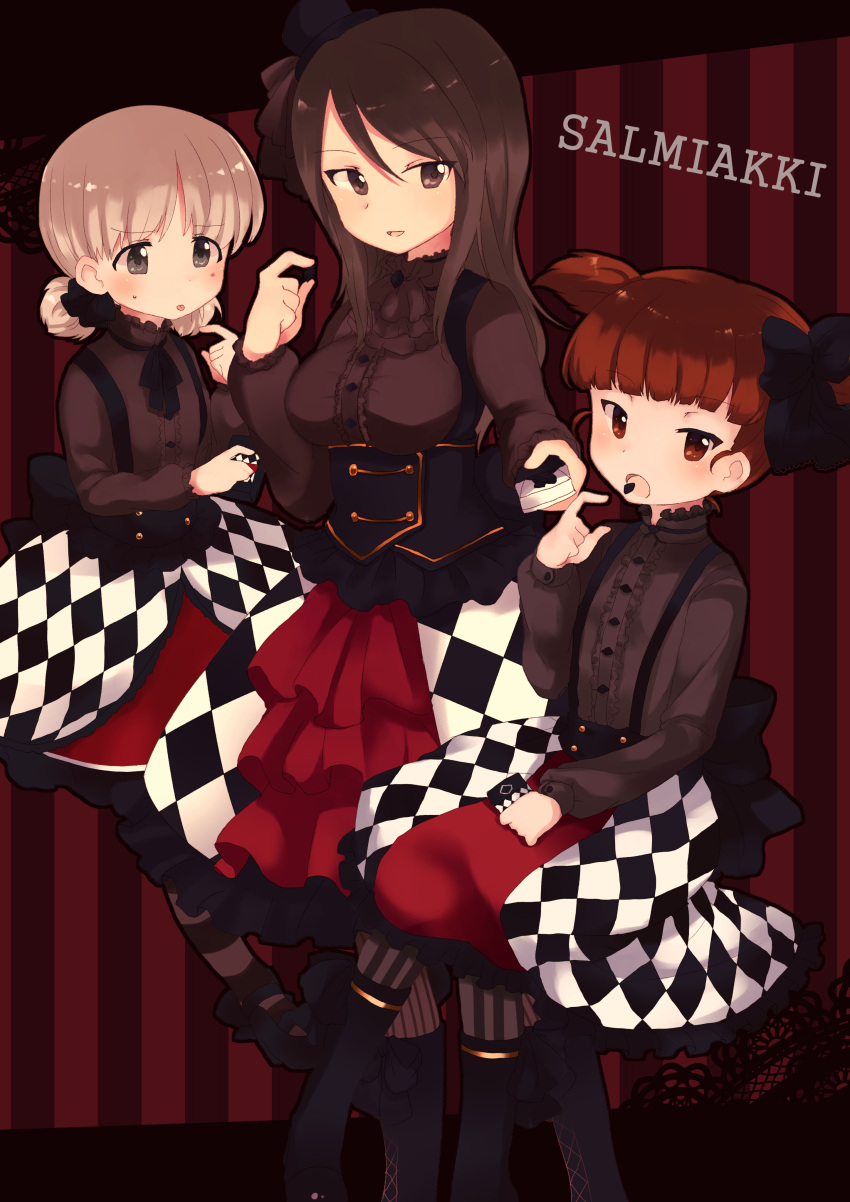 3girls :p absurdres ahoge aki_(girls_und_panzer) alternate_costume bangs blunt_bangs boots brown_eyes brown_hair brown_shirt center_frills checkered checkered_dress cross-laced_footwear dress eating frilled_shirt frills girls_und_panzer hat highres light_brown_eyes light_brown_hair lolita_fashion long_hair long_sleeves mika_(girls_und_panzer) mikko_(girls_und_panzer) mini_hat mini_top_hat multiple_girls parted_lips petticoat red_eyes redhead scrunchie shirt short_twintails sitting smile striped striped_legwear tongue tongue_out top_hat toyosu_toyosu twintails underbust