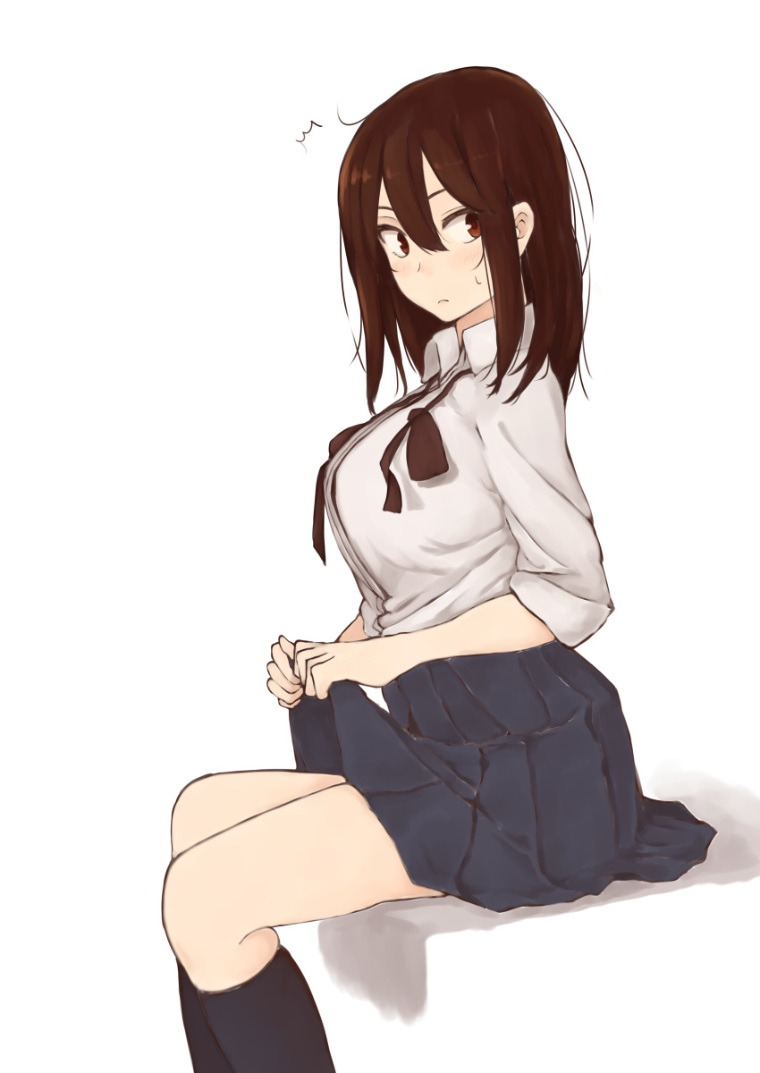 /\/\/\ 1girl absurdres black_hair black_skirt blush breasts brown_eyes brown_hair brown_legwear closed_mouth collared_shirt expressionless from_side hair_between_eyes highres kneehighs looking_to_the_side original pleated_skirt rucchiifu school_uniform shirt short_hair short_sleeves simple_background sitting skindentation skirt skirt_hold solo surprised sweatdrop swimsuit thighs undone_bowtie white_background white_swimsuit wing_collar