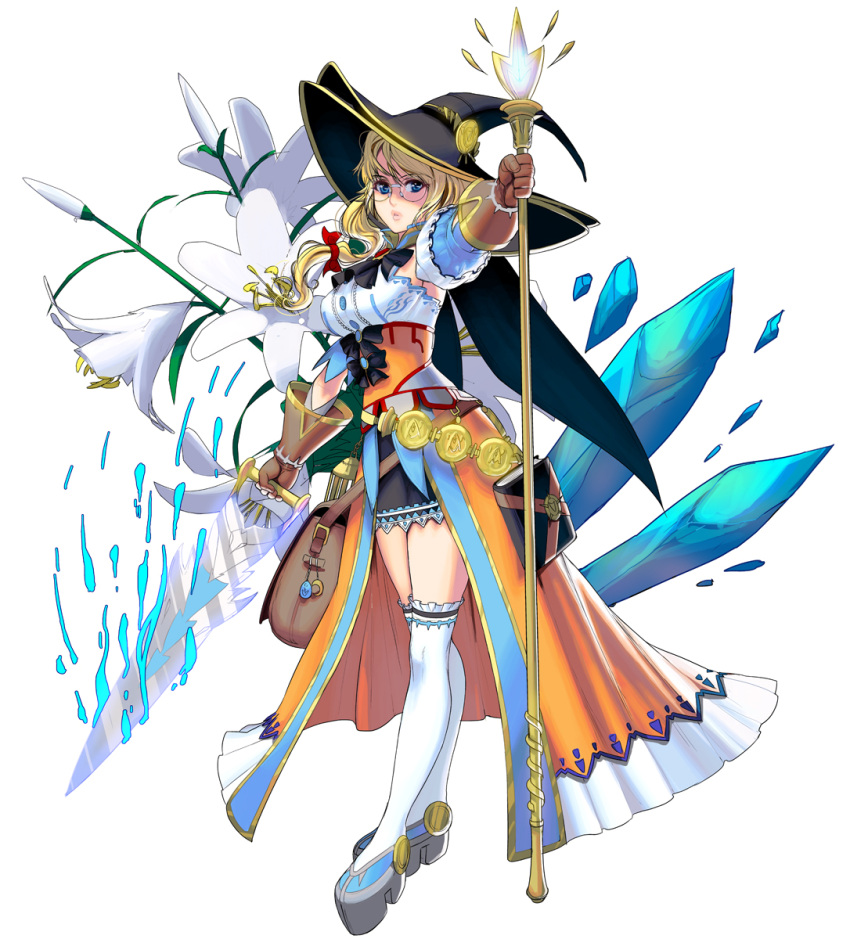 1girl arm_at_side bag bag_charm belt black_hat blue_eyes book bow breasts brooch brown_gloves buttons cape coin_(ornament) cravat crescent detached_sleeves dual_wielding fantasy flower frilled_legwear full_body glasses gloves glowing grey_shoes hair_bow hat highres holding holding_staff holding_weapon ice jewelry large_breasts lily_(flower) lips looking_at_viewer masao miniskirt original outstretched_arm over-kneehighs parted_lips platform_footwear red_bow rimless_glasses shade shoes skirt solo standing thigh-highs underbust waist_cape weapon white_background white_flower white_legwear witch_hat