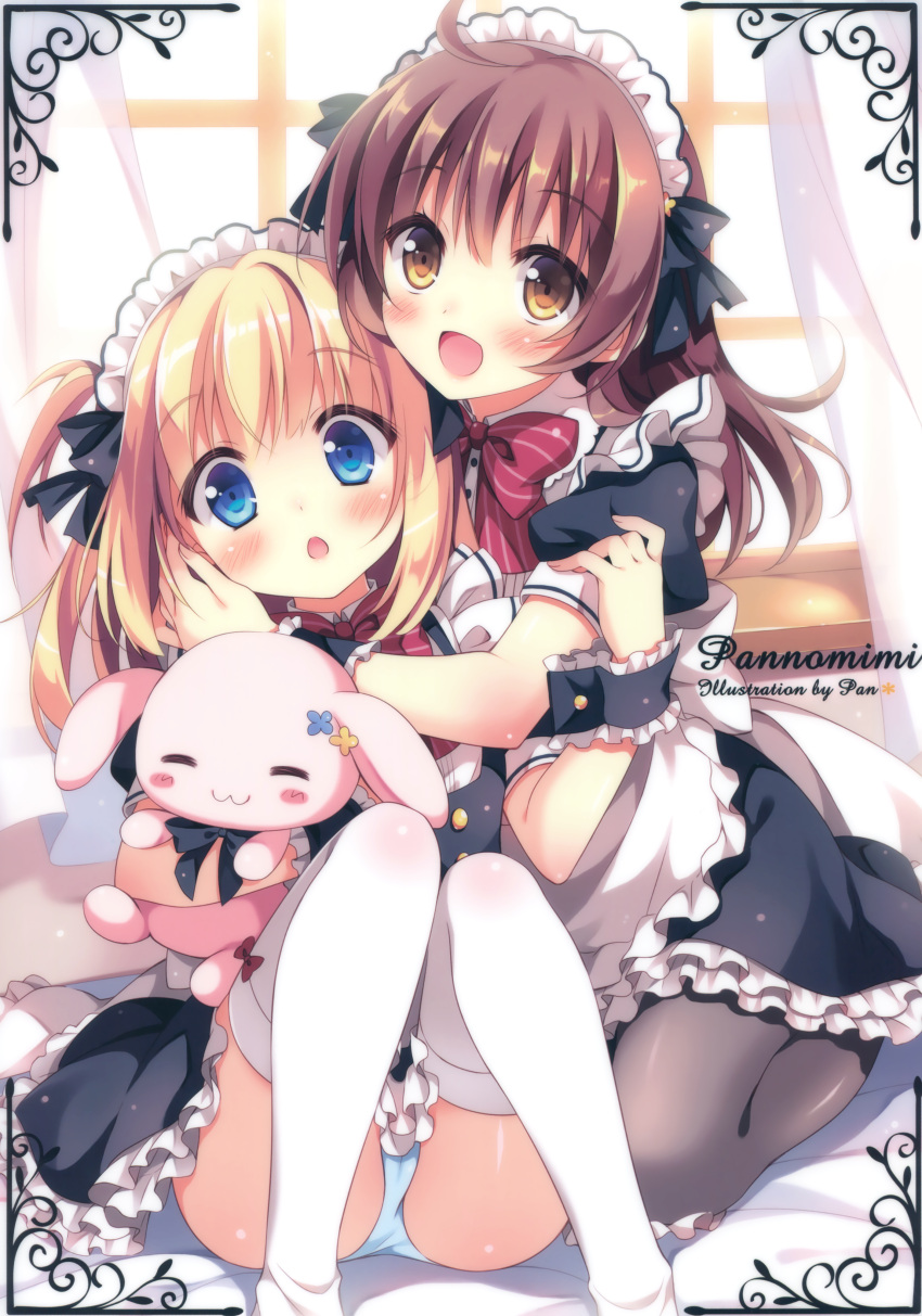 2girls :3 :d =_= absurdres ahoge artist_name black_legwear blonde_hair blue_eyes blue_panties blush blush_stickers body_blush brown_eyes brown_hair curtains english head_tilt highres hug kneeling knees_together_feet_apart long_hair looking_at_viewer maid maid_headdress multiple_girls object_hug open_mouth pan_(mimi) panties pantyhose pantyshot pantyshot_(sitting) puffy_short_sleeves puffy_sleeves scan short_sleeves sitting smile stuffed_animal stuffed_bunny stuffed_toy thigh-highs two_side_up underwear white_legwear window wrist_cuffs