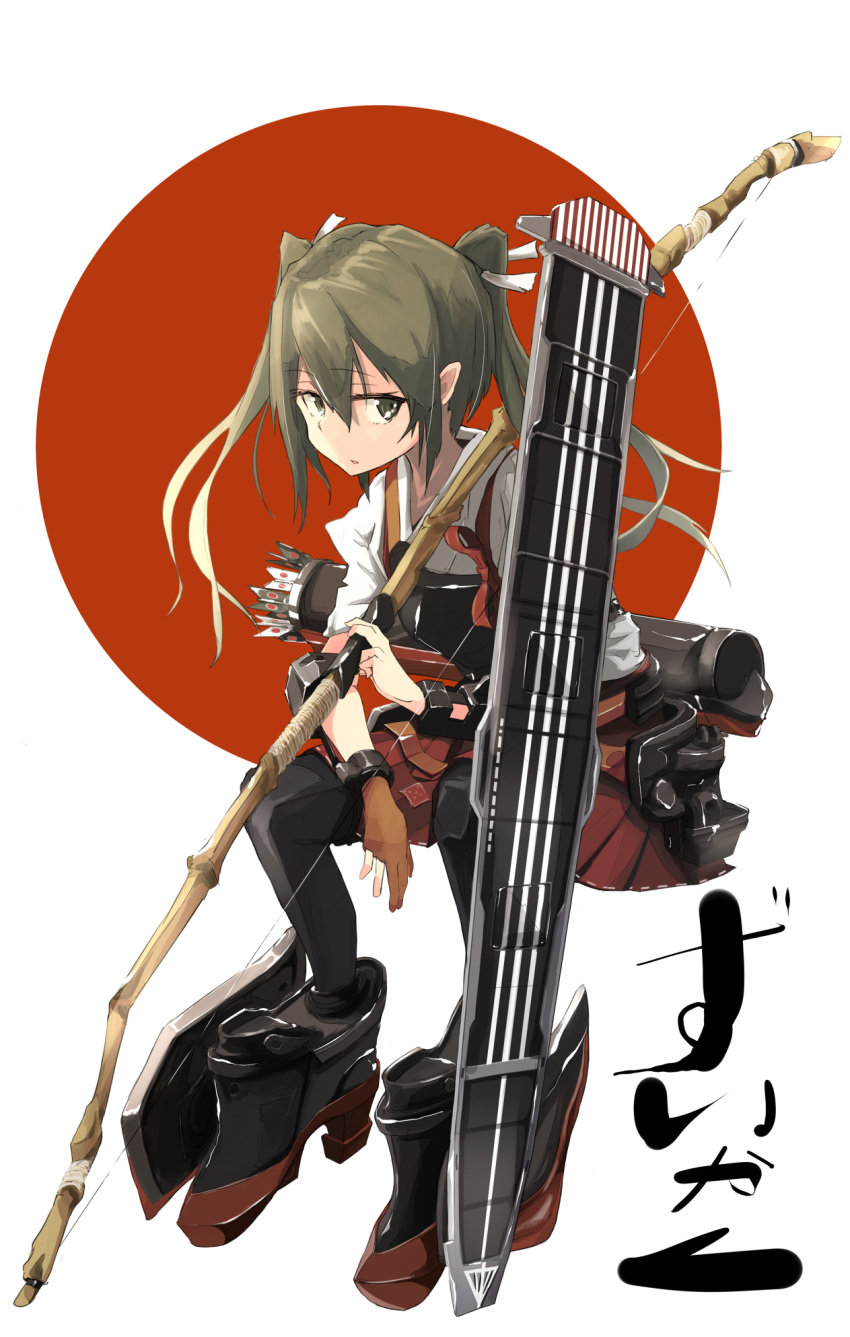 1girl arrow boots bow_(weapon) breastplate character_name flight_deck gloves green_eyes green_hair hair_between_eyes high_heels highres hizakozouzu holding holding_weapon japanese_clothes kantai_collection looking_at_viewer machinery muneate nontraditional_miko quiver remodel_(kantai_collection) rigging single_glove sitting solo twintails weapon yugake zuikaku_(kantai_collection)