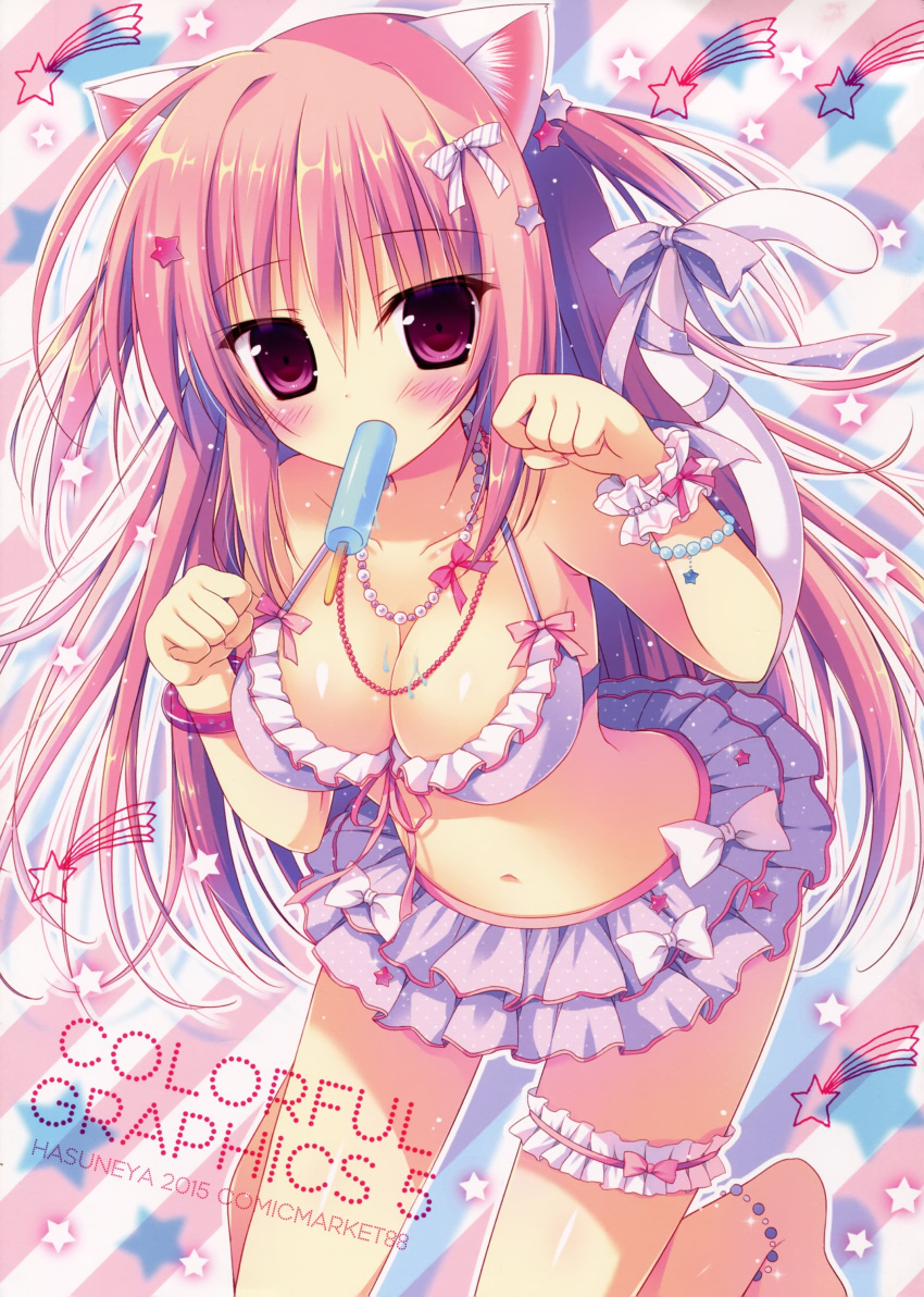 1girl absurdres animal_ears barefoot bikini blush bow bracelet breasts cat_ears cat_tail circle_name cleavage collarbone cover cover_page diagonal_stripes english frilled_bikini frills hair_ornament halterneck highres jewelry leg_garter long_hair matsunon_(artist) mouth_hold navel necklace original paw_pose pink_eyes pink_hair polka_dot polka_dot_bikini popsicle purple_bikini purple_ribbon ribbon shiny shiny_skin silhouette solo star star_hair_ornament swimsuit tail tail_ribbon two_side_up very_long_hair white_bow wrist_cuffs