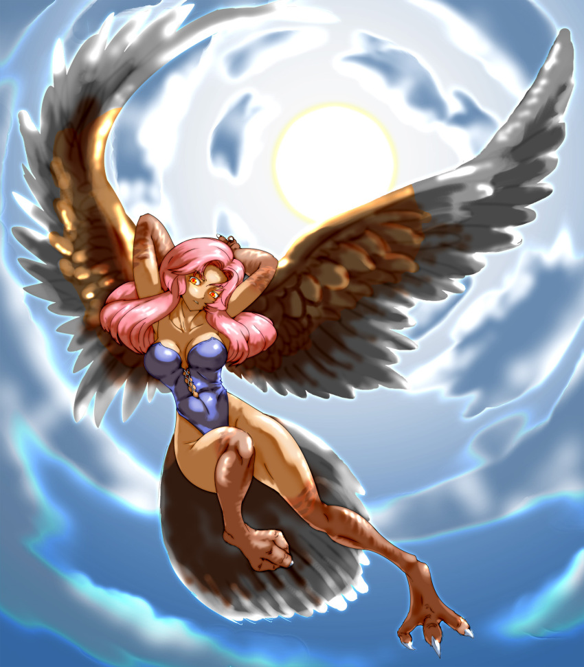 1girl bird breasts claws clouds cloudy_sky commentary_request feathered_wings feathers harpy highres kous_(onetwojustice) large_breasts leotard long_hair looking_at_viewer monster_girl orange_eyes pink_hair seiken_densetsu seiken_densetsu_3 sky solo talons tzenker wings