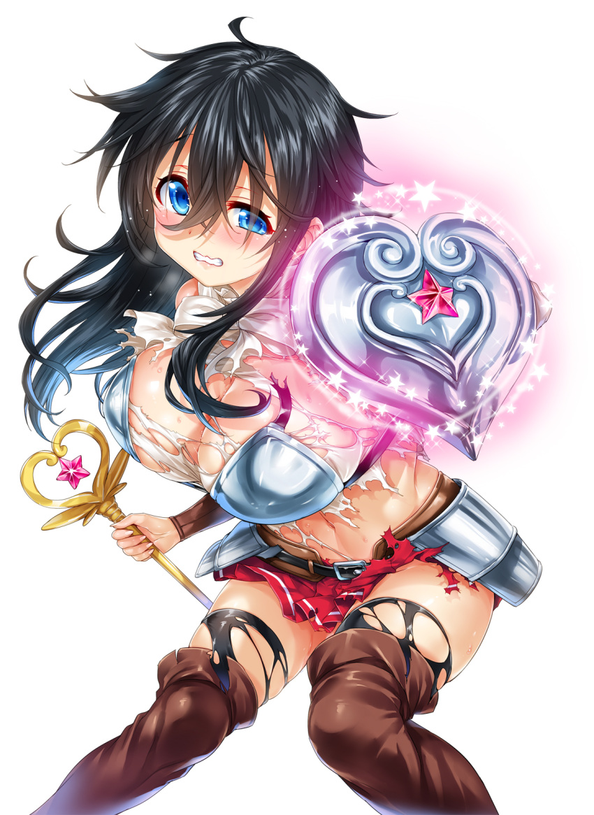 1girl black_hair black_legwear blue_eyes blush boots breastplate breasts cleavage clenched_teeth highres hisashi_(nekoman) long_hair looking_at_viewer navel netoge_no_yome_wa_onna_no_ko_janai_to_omotta? shield simple_background solo staff tamaki_ako tears teeth thigh-highs thigh_boots torn_clothes torn_thighhighs white_background