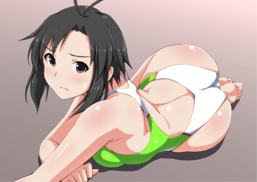 1girl antenna_hair ass back_cutout bangs barefoot black_eyes black_hair blush closed_mouth competition_swimsuit eyebrows eyebrows_visible_through_hair gradient gradient_background idolmaster kikuchi_makoto lying on_side one-piece_swimsuit outstretched_arm short_hair sidelocks solo swimsuit tetuo_kun