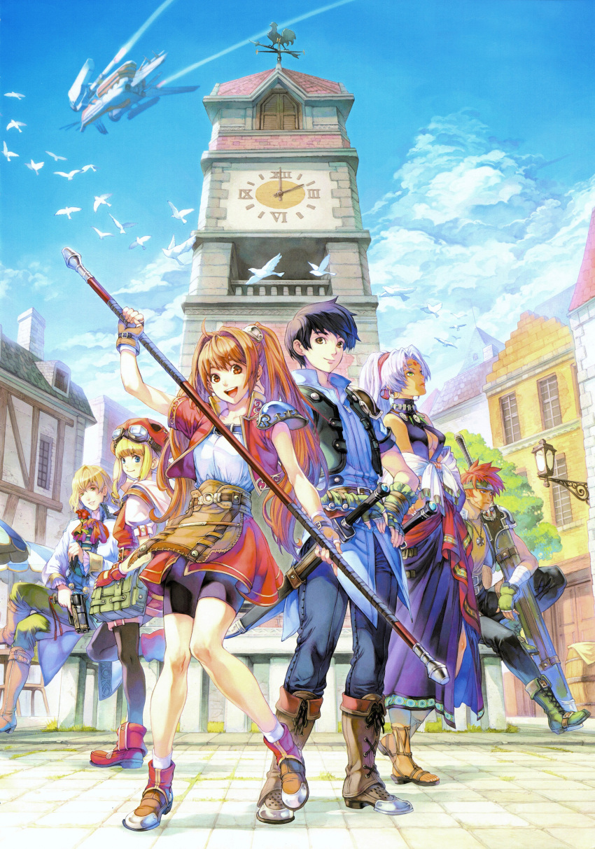 3boys 3girls absurdres agate_crosner aircraft bike_shorts bird black_hair blonde_hair boots brown_hair clock clock_tower crossed_legs day eiyuu_densetsu estelle_bright goggles goggles_on_head hat headband high_ponytail highres holding holding_polearm holding_weapon joshua_bright long_hair multiple_boys multiple_girls non-web_source official_art olivert_reise_arnor open_mouth outdoors polearm purple_hair redhead sandals scan scherazard_harvey sheath sheathed short_hair sitting smile sora_no_kiseki standing sword tita_russell tower town weapon