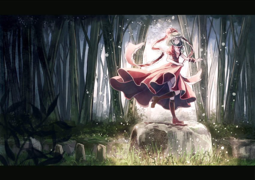 1girl boots bow dancing dress forest front_ponytail green_eyes green_hair hair_bow kagiyama_hina knee_boots letterboxed looking_at_viewer miyakure nature red_dress ribbon rock solo standing standing_on_one_leg thighs touhou wrist_ribbon