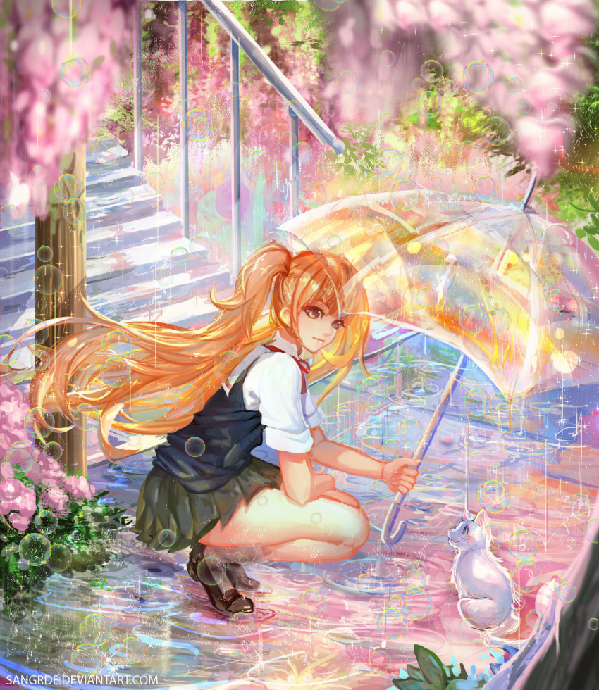 1girl artist_name bangs blurry bubble cat depth_of_field floating_hair flower from_side green_skirt highres holding loafers long_hair orange_hair original outdoors puddle railing rain red_ribbon ribbon sangrde scenery school_uniform serafuku shoes skirt solo sparkle squatting stairs transparent_umbrella twintails umbrella very_long_hair water watermark web_address