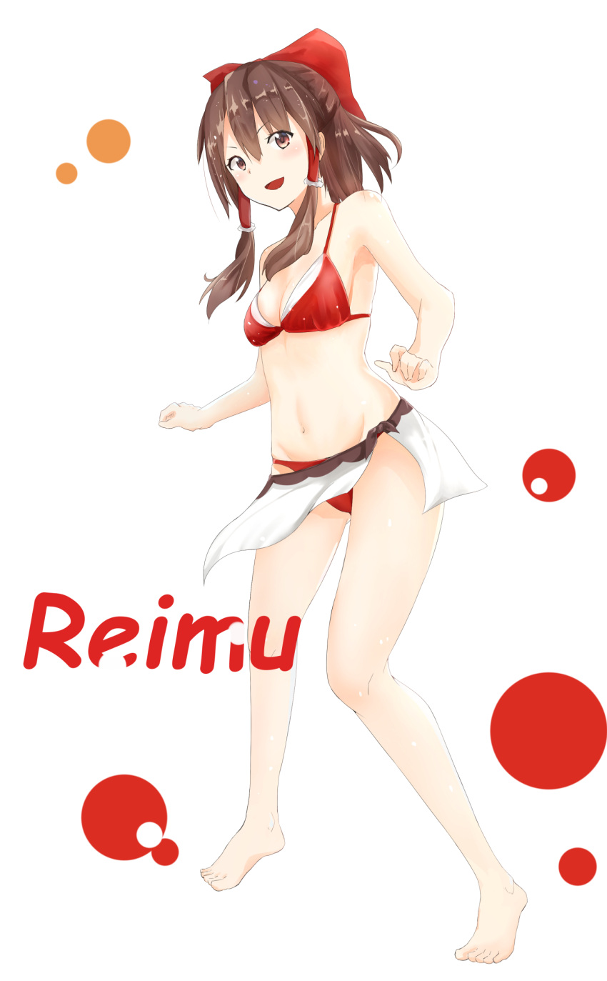 &gt;:d 1girl :d barefoot bikini blush bow breasts brown_eyes brown_hair character_name hair_bow hair_ribbon hair_tubes hakurei_reimu highres looking_at_viewer navel nise_(__nise6__) open_mouth ribbon romaji sarong sidelocks smile solo stomach swimsuit tiptoes toes touhou