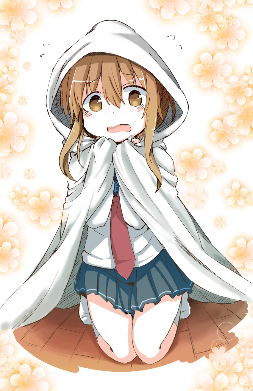 1girl absurdres blanket blush brown_eyes brown_hair commentary_request floral_background flying_sweatdrops highres inazuma_(kantai_collection) kantai_collection kneeling looking_at_viewer majima neckerchief open_clothes pleated_skirt school_uniform serafuku sidelocks skirt solo wavy_mouth wooden_floor