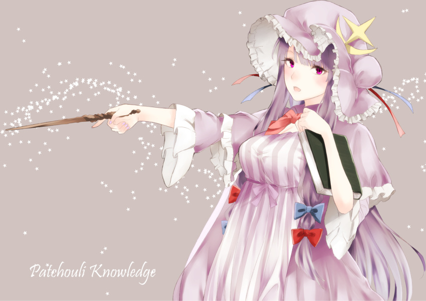 1girl bangs blue_ribbon blunt_bangs blush bonnet book capelet character_name crescent crescent_hair_ornament dress frills hair_ornament hair_ribbon highres long_hair looking_at_viewer nagata_nagato open_mouth patchouli_knowledge pink_eyes purple_hair red_ribbon ribbon simple_background solo star star_hair_ornament striped striped_dress touhou tress_ribbon wand