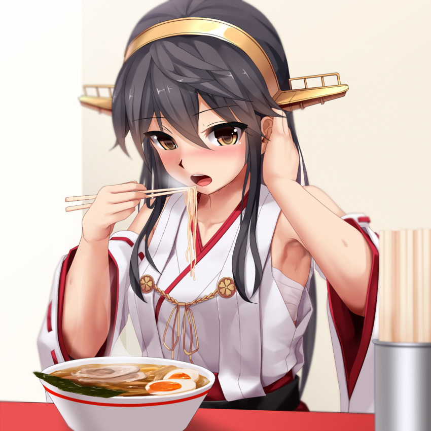 1girl :o aiguillette armpits bandages bare_shoulders black_hair blurry blush brown_eyes collarbone cup depth_of_field detached_sleeves eating egg eto eyebrows eyebrows_visible_through_hair food hand_in_hair hand_up haruna_(kantai_collection) headgear highres holding japanese_clothes kantai_collection kimono long_sleeves looking_at_viewer meat noodles open_mouth ramen red_ribbon ribbon ribbon-trimmed_sleeves ribbon_trim sarashi simple_background sleeveless sleeveless_kimono solo soup sweatdrop upper_body wide_sleeves yellow_background