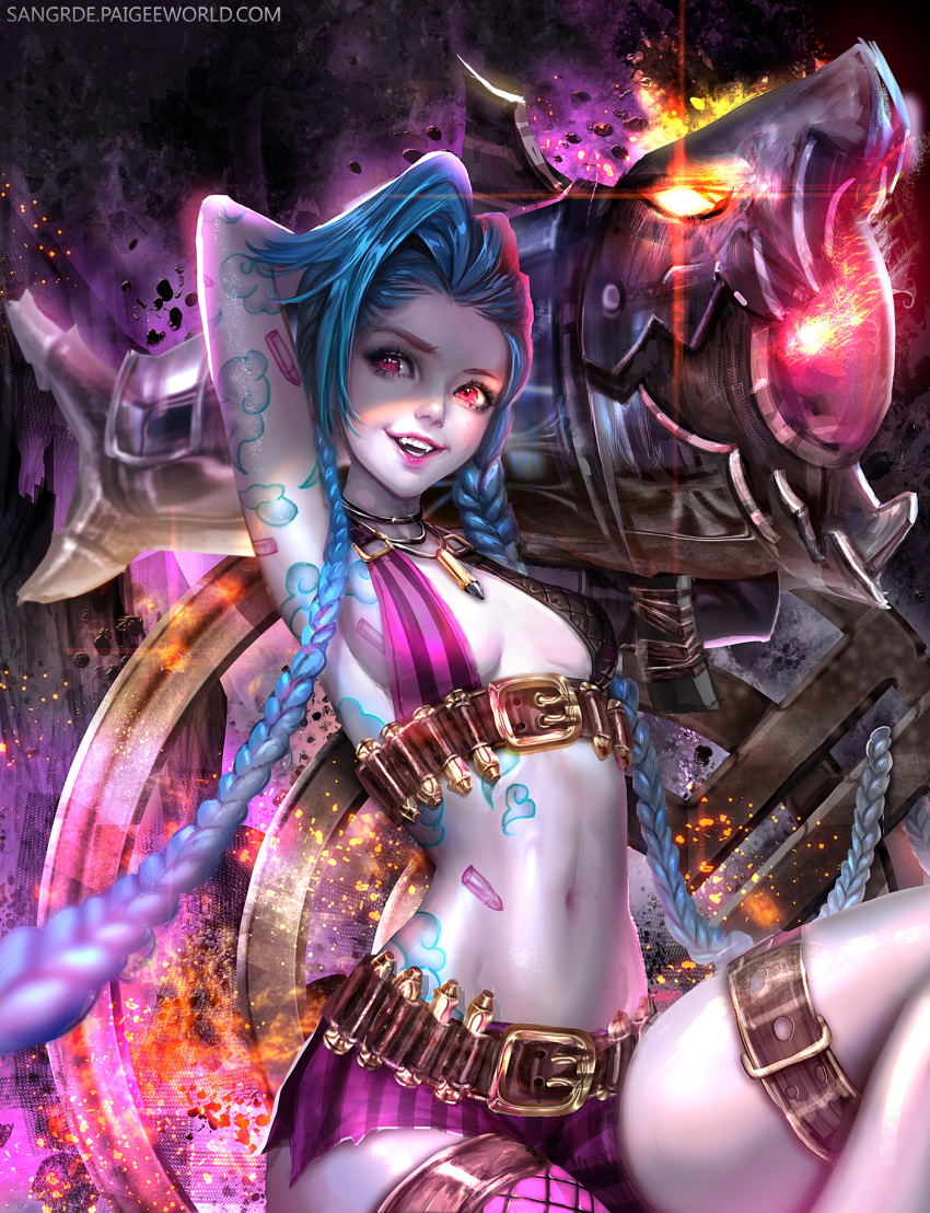 1girl :d ammunition arm_behind_head armpits artist_name bare_arms bare_shoulders belt belt_buckle bikini_top blue_hair blurry braid breasts buckle cowboy_shot depth_of_field fishnet_legwear fishnets floating_object glint glowing glowing_eye highres huge_weapon jewelry jinx_(league_of_legends) knee_up league_of_legends long_hair navel necklace open_mouth over_shoulder pale_skin pink_eyes pink_legwear pink_lips rock sangrde shiny shiny_skin sideboob single_thighhigh sitting small_breasts smile solo stomach tattoo teeth thigh-highs thigh_strap twin_braids very_long_hair watermark weapon web_address