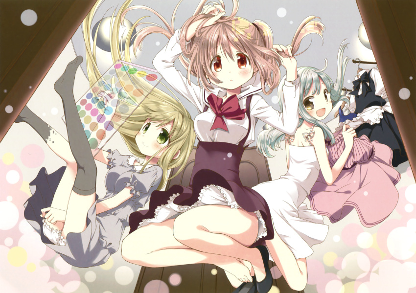 3girls :d absurdres aoki_ume apron arm_up barefoot between_legs black_bow black_bowtie black_legwear black_shoes bloomers bow bowtie breasts brown_eyes clothes_hanger digital_dissolve dress floating_hair frilled_apron frills full_body green_eyes green_hair grey_dress hand_between_legs hand_in_hair highres holding_clothes holographic_interface lens_flare long_hair multiple_girls no_shoes no_socks open_mouth original parted_lips pink_hair red_bow red_bowtie sailor_collar shirt shoes shoes_removed short_sleeves single_shoe skirt smile spaghetti_strap sundress thigh-highs twintails underwear very_long_hair waist_apron white_dress white_shirt yellow_eyes