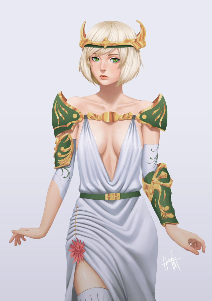 1girl armlet artist_name bangs belt blonde_hair breasts carlo_montie cleavage closed_mouth commentary crown expressionless flower goddess gold gradient gradient_background green_eyes hands highres jewelry lips looking_at_viewer mouth nose original short_hair signature simple_background solo standing toga upper_body white_background white_clothes