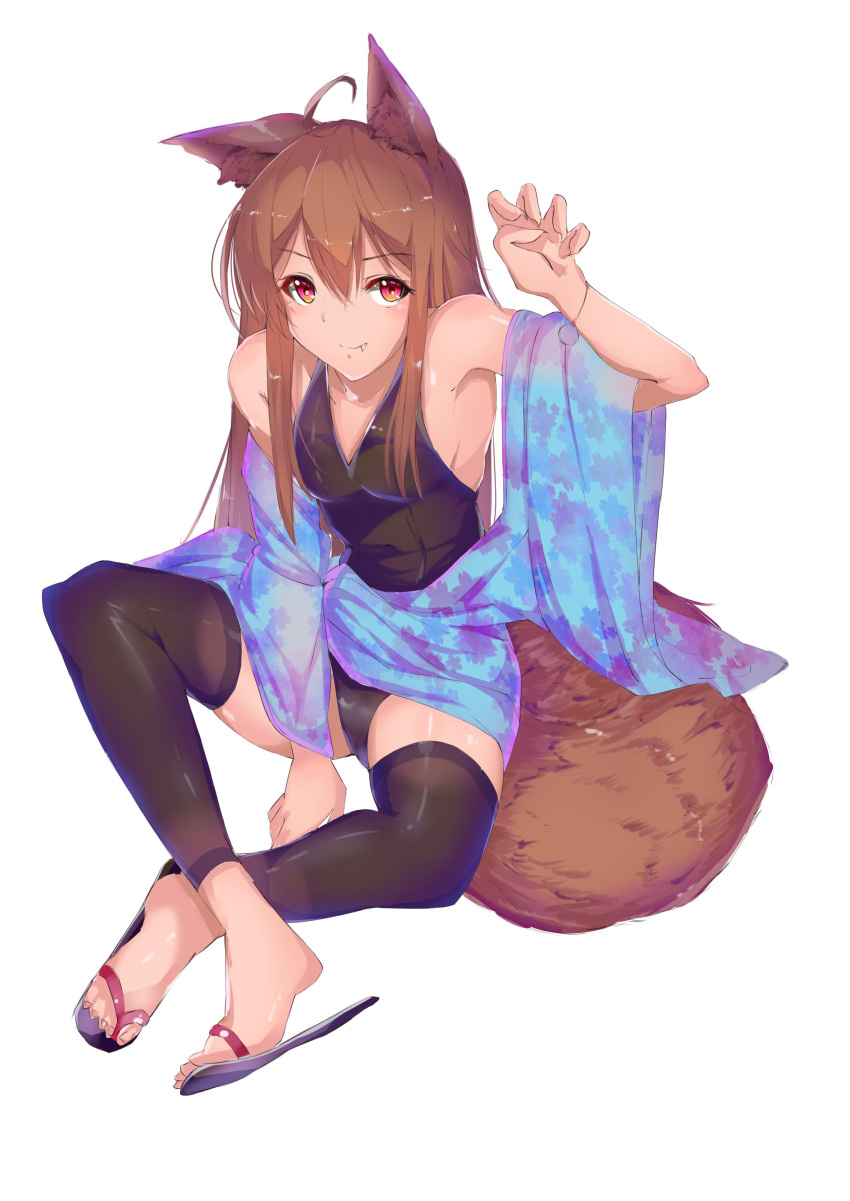 1girl absurdres ahoge animal_ears arm_up armpits bare_shoulders black_legwear blue_kimono blush breasts brown_hair commentary_request error fang fang_out floral_print fox_ears fox_tail full_body highres leotard long_hair long_sleeves looking_at_viewer orange_eyes original saisarisu sandals sideboob smile solo tail thigh-highs white_background wide_sleeves wrong_feet