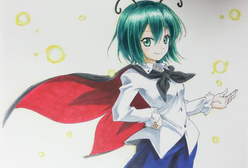 &gt;:) 1girl antennae beluo77 black_cape blue_skirt buttons cape closed_mouth collared_shirt fireflies glowing green_eyes green_hair hair_between_eyes hand_on_hip insect_girl long_sleeves looking_at_viewer marker_(medium) shirt short_hair skirt smile solo standing touhou traditional_media upper_body white_shirt wing_collar wriggle_nightbug